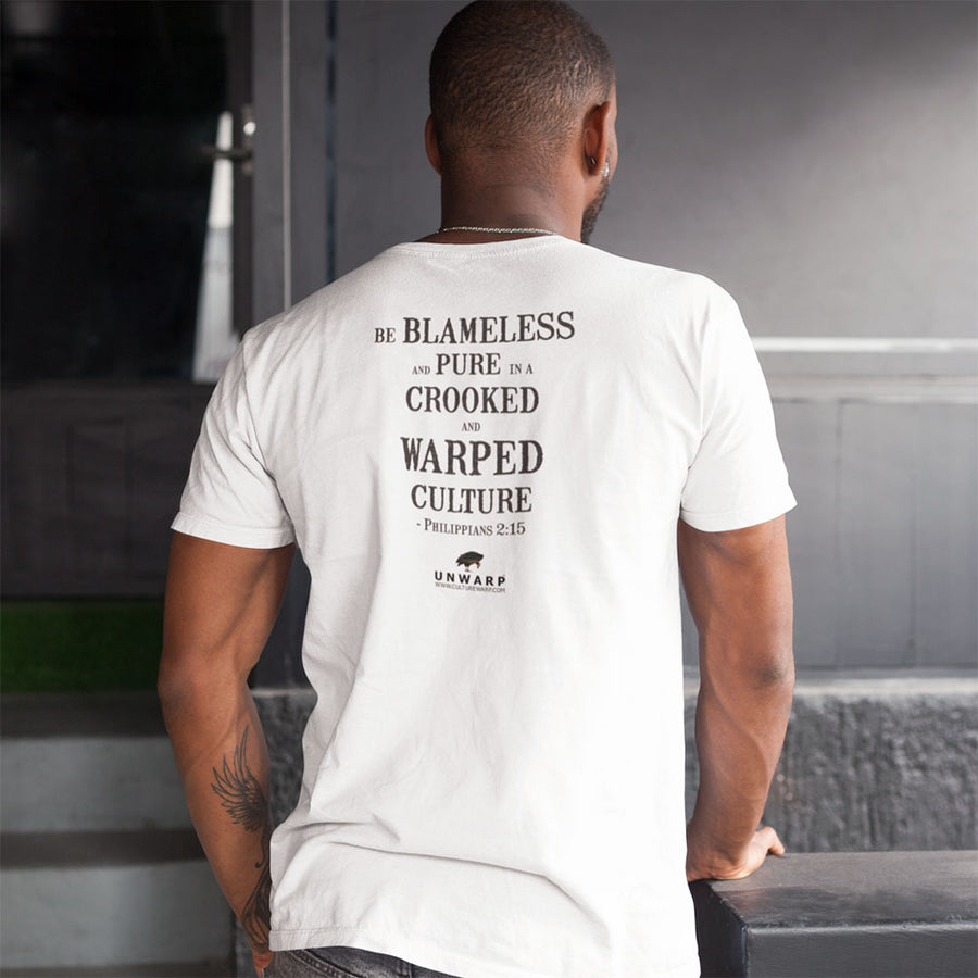 White (Original) Culture Warp Christian T-Shirt. The shirt style is Classic Unisex T-Shirt , size S. The design is Blameless and Pure - Classic Collection.