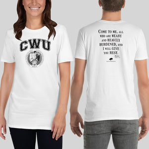White/Black CWU Culture Warp Christian T-Shirt. The shirt style is Classic Unisex T-Shirt , size S. The design is Come to Me - CWU Collection.