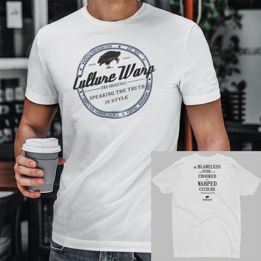 White (Vintage) Culture Warp Christian T-Shirt. The shirt style is Men's Fashion T-Shirt , size S. The design is Blameless and Pure - Classic Collection.