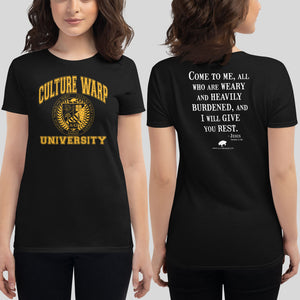 Black/Gold Culture Warp Christian T-Shirt. The shirt style is Women's Fashion T-Shirt , size S. The design is Come to Me - CWU Collection.