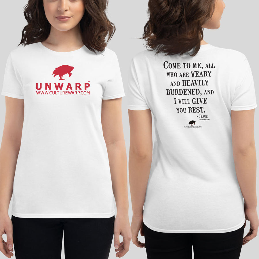 White/Red Culture Warp Christian T-Shirt. The shirt style is Women's Fashion T-Shirt , size S. The design is Come to Me - UNWARP Collection Collection.