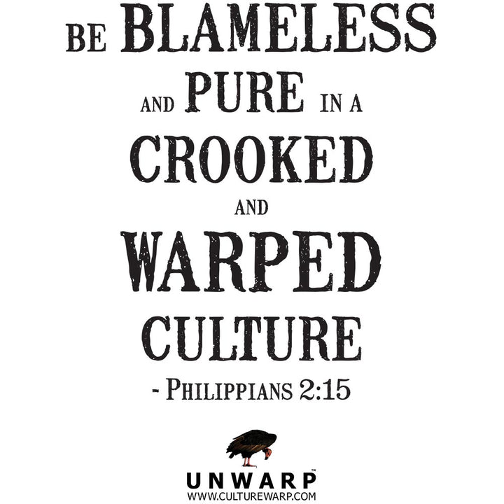 White Culture Warp Christian T-Shirt. The shirt style is Classic Unisex T-Shirt , size S. The design is Blameless and Pure - Chrome Collection.