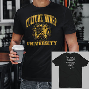 Black/Gold Culture Warp Christian T-Shirt. The shirt style is Men's Fashion T-Shirt , size S. The design is Come to Me - CWU Collection.
