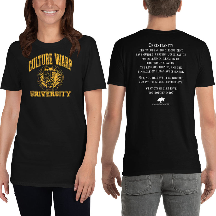 Black/Gold Culture Warp Christian T-Shirt. The shirt style is Classic Unisex T-Shirt , size S. The design is Traditions & Values - CWU Collection.