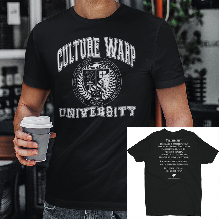 Black/White Culture Warp Christian T-Shirt. The shirt style is Men's Fashion T-Shirt , size S. The design is Traditions & Values - CWU Collection.