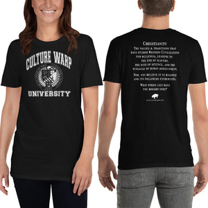 Black/White Culture Warp Christian T-Shirt. The shirt style is Classic Unisex T-Shirt , size S. The design is Traditions & Values - CWU Collection.
