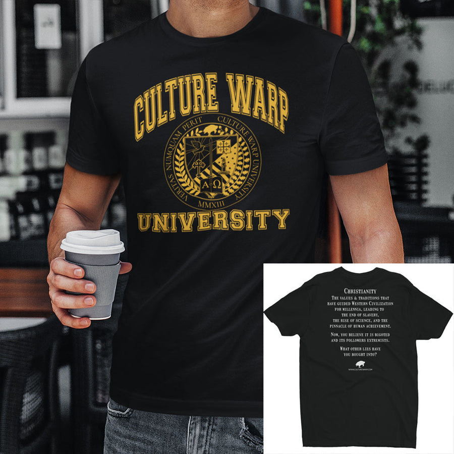 Black/Gold Culture Warp Christian T-Shirt. The shirt style is Men's Fashion T-Shirt , size S. The design is Traditions & Values - CWU Collection.