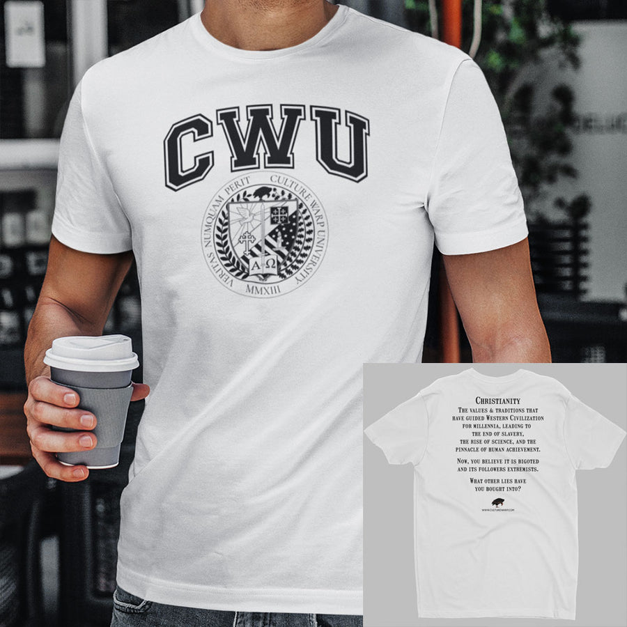 White/Black CWU Culture Warp Christian T-Shirt. The shirt style is Men's Fashion T-Shirt , size S. The design is Traditions & Values - CWU Collection.