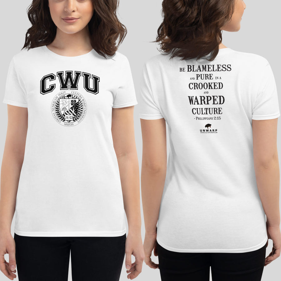 White/Black CWU Culture Warp Christian T-Shirt. The shirt style is Women's Fashion T-Shirt , size S. The design is Blameless and Pure - CWU Collection.