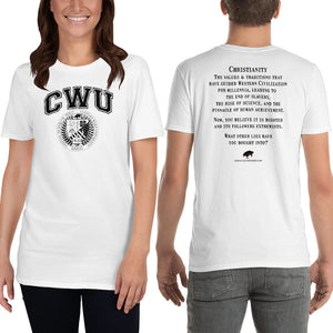 White/Black CWU Culture Warp Christian T-Shirt. The shirt style is Classic Unisex T-Shirt , size S. The design is Traditions & Values - CWU Collection.