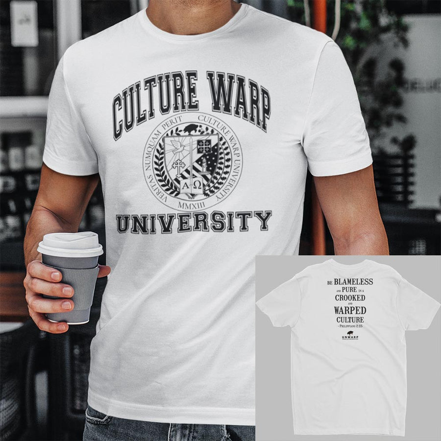 White/Black Culture Warp Christian T-Shirt. The shirt style is Men's Fashion T-Shirt , size S. The design is Blameless and Pure - CWU Collection.