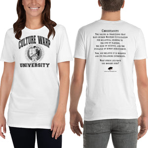 White/Black Culture Warp Christian T-Shirt. The shirt style is Classic Unisex T-Shirt , size S. The design is Traditions & Values - CWU Collection.
