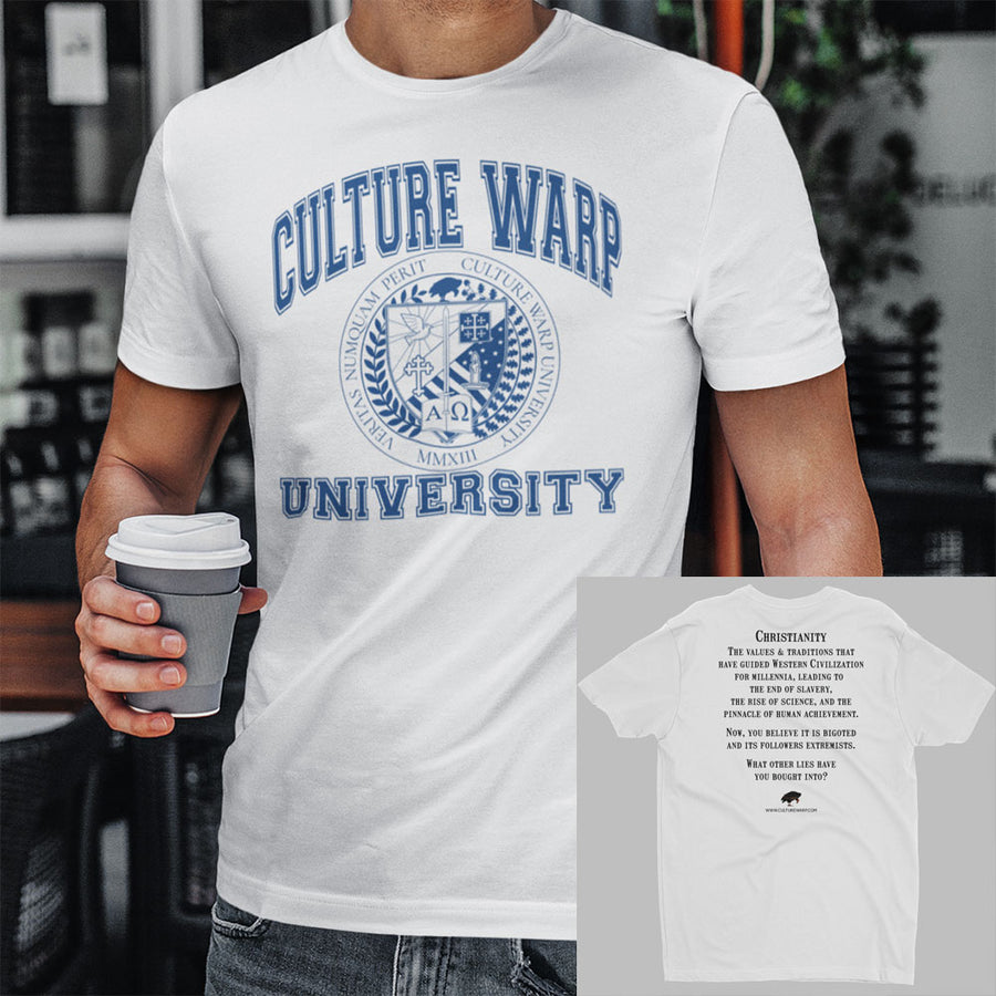 White/Navy Culture Warp Christian T-Shirt. The shirt style is Men's Fashion T-Shirt , size S. The design is Traditions & Values - CWU Collection.
