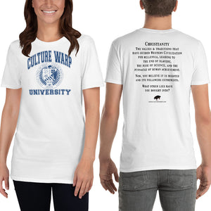 White/Navy Culture Warp Christian T-Shirt. The shirt style is Classic Unisex T-Shirt , size S. The design is Traditions & Values - CWU Collection.