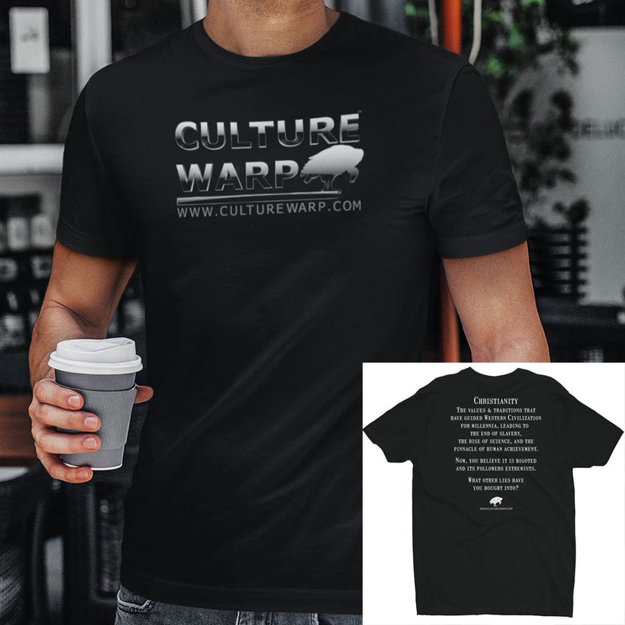 Black Culture Warp Christian T-Shirt. The shirt style is Men's Fashion T-Shirt , size S. The design is Traditions & Values - Chrome Collection.