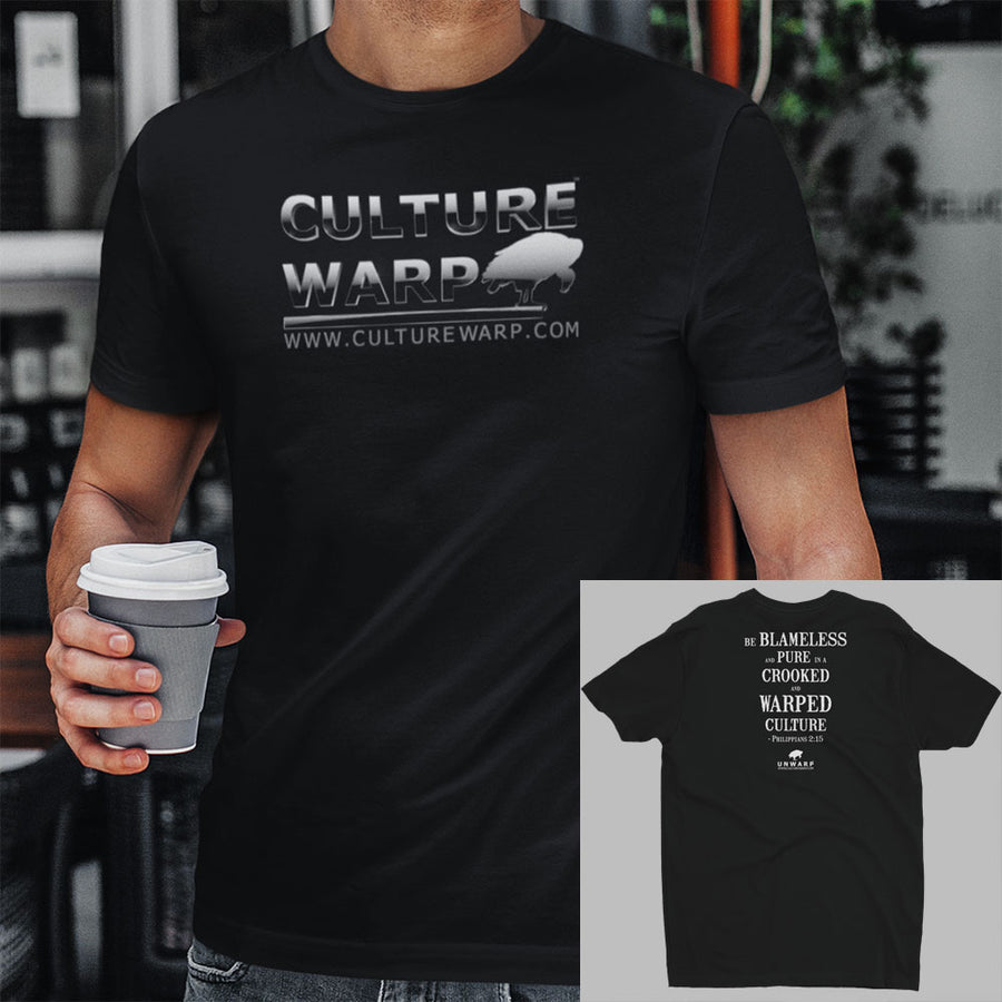 Black Culture Warp Christian T-Shirt. The shirt style is Men's Fashion T-Shirt , size S. The design is Blameless and Pure - Chrome Collection.