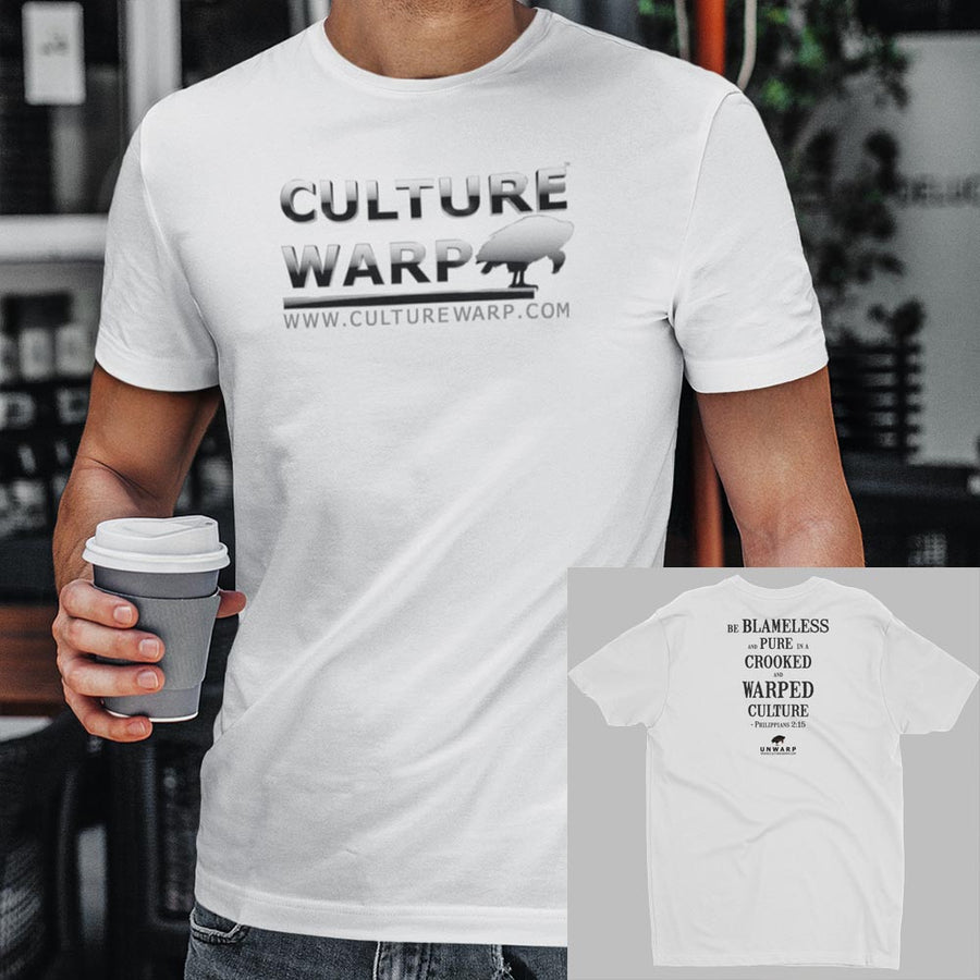White Culture Warp Christian T-Shirt. The shirt style is Men's Fashion T-Shirt , size S. The design is Blameless and Pure - Chrome Collection.