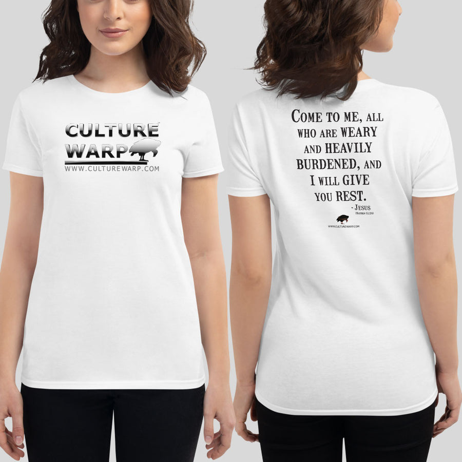 White Culture Warp Christian T-Shirt. The shirt style is Women's Fashion T-Shirt , size S. The design is Come to Me - Chrome Collection.