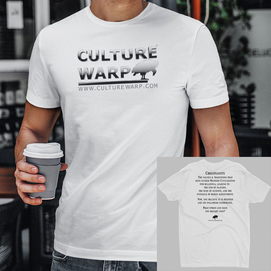 White Culture Warp Christian T-Shirt. The shirt style is Men's Fashion T-Shirt , size S. The design is Traditions & Values - Chrome Collection.