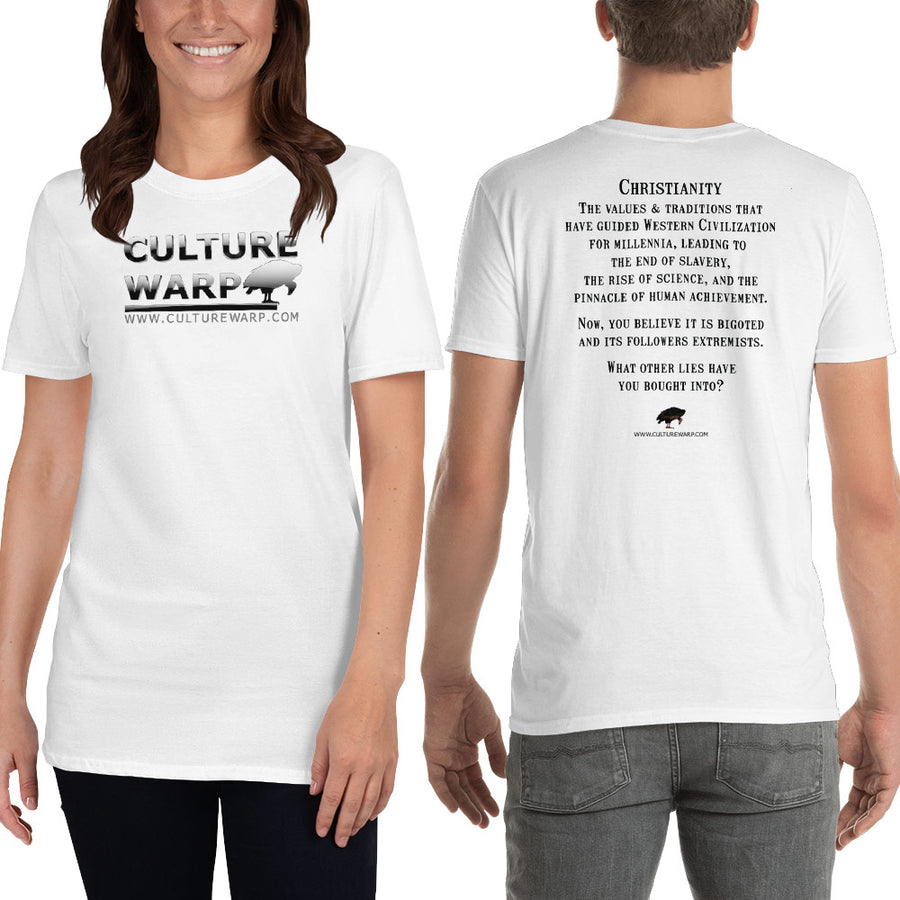 White Culture Warp Christian T-Shirt. The shirt style is Classic Unisex T-Shirt , size S. The design is Traditions & Values - Chrome Collection.