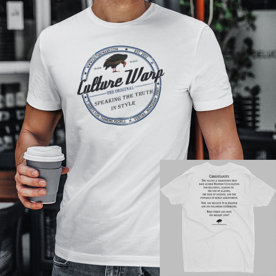 White (Vintage) Culture Warp Christian T-Shirt. The shirt style is Men's Fashion T-Shirt , size S. The design is Traditions & Values - Classic Collection.