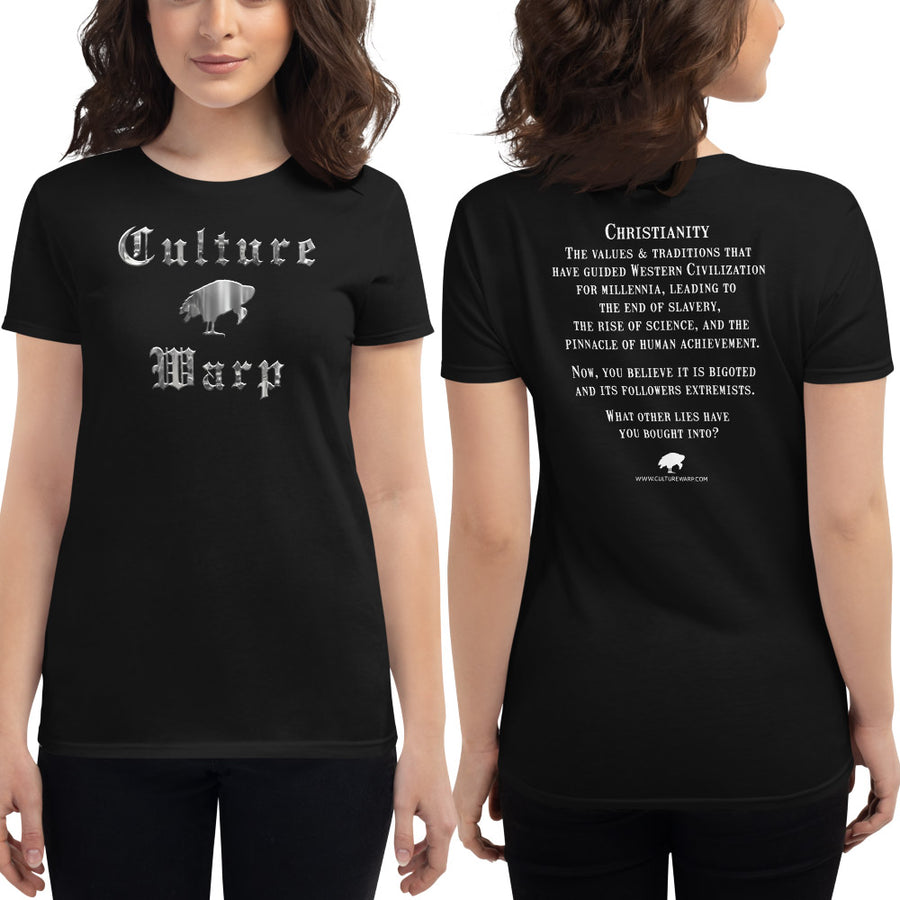 Black Culture Warp Christian T-Shirt. The shirt style is Women's Fashion T-Shirt , size S. The design is Traditions & Values - Cocytus Collection.