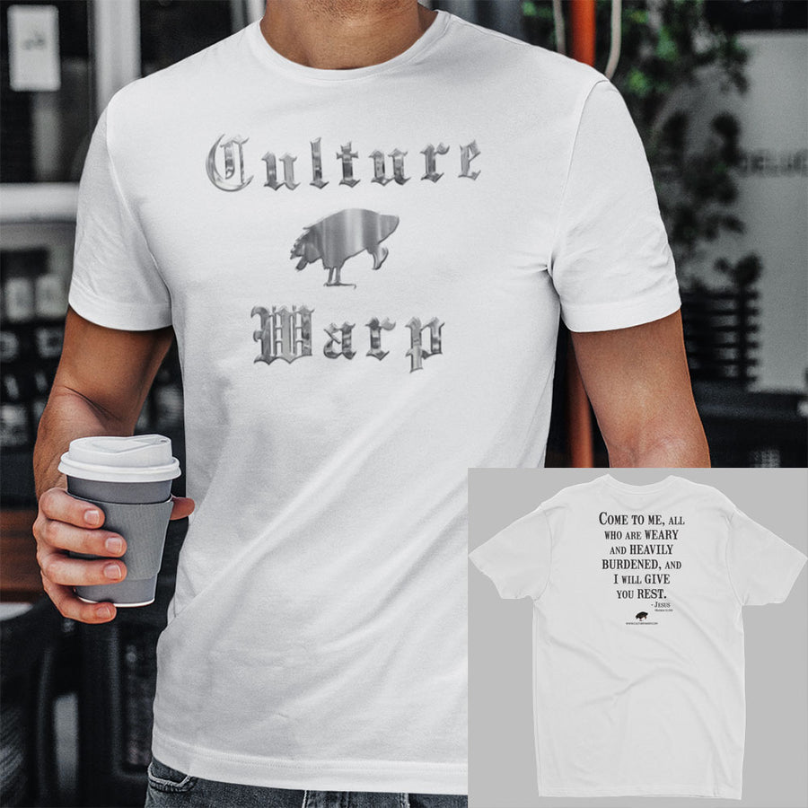 White Culture Warp Christian T-Shirt. The shirt style is Men's Fashion T-Shirt , size S. The design is Come to Me - Cocytus Collection.