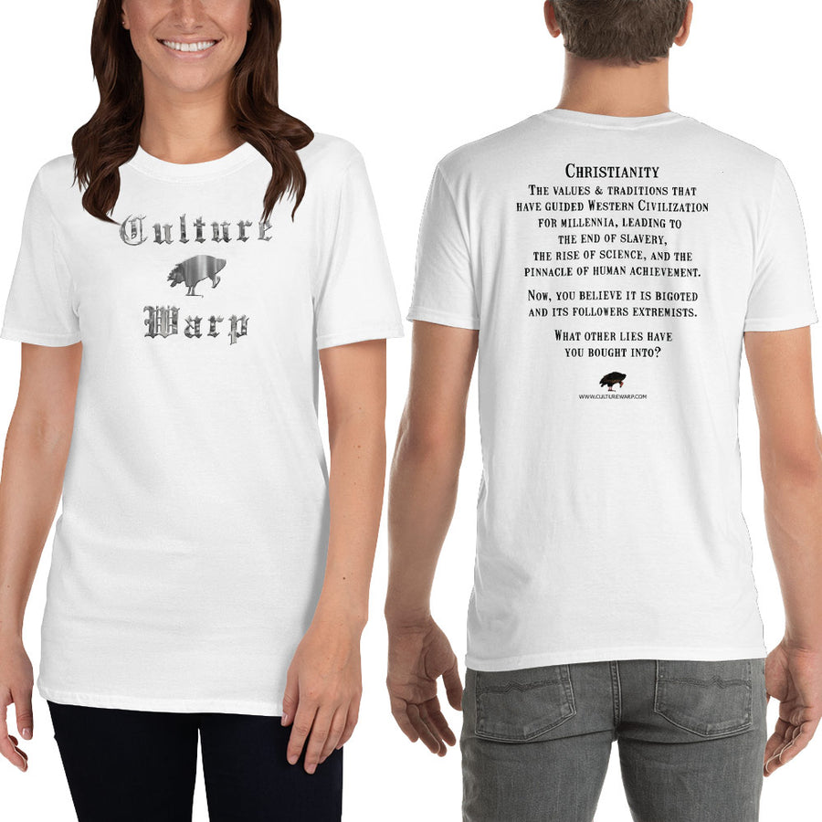 White Culture Warp Christian T-Shirt. The shirt style is Classic Unisex T-Shirt , size S. The design is Traditions & Values - Cocytus Collection.