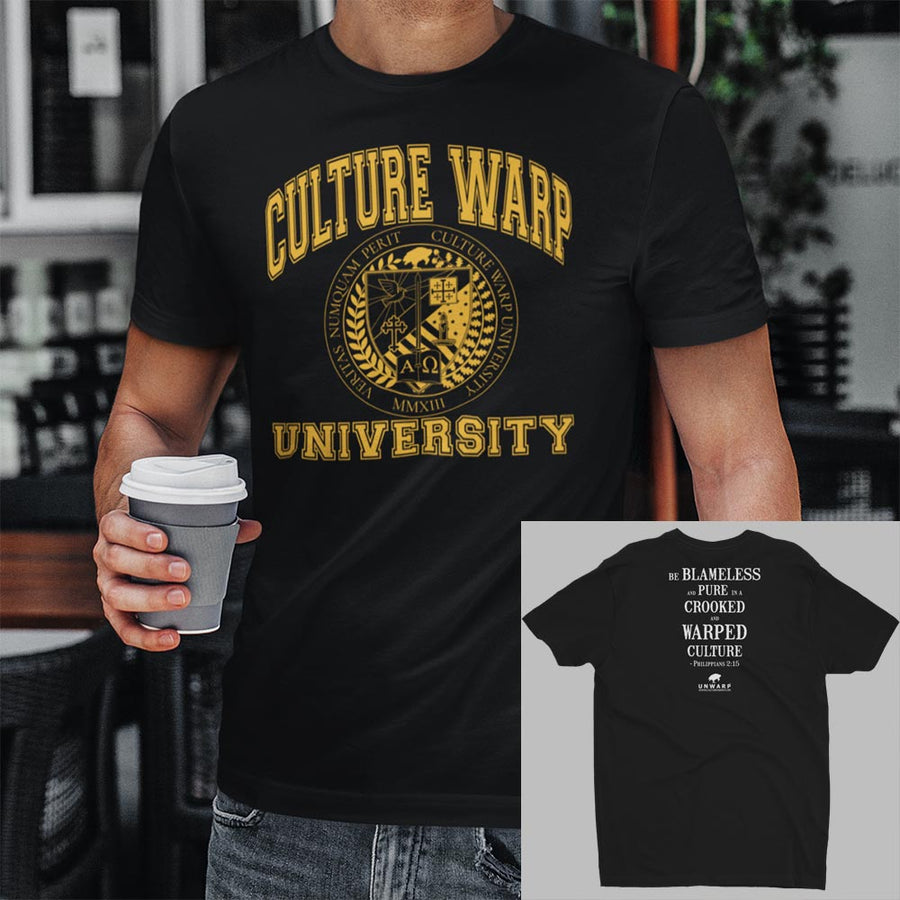 Black/Gold Culture Warp Christian T-Shirt. The shirt style is Men's Fashion T-Shirt , size S. The design is Blameless and Pure - CWU Collection.