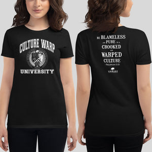Black/White Culture Warp Christian T-Shirt. The shirt style is Women's Fashion T-Shirt , size S. The design is Blameless and Pure - CWU Collection.