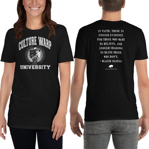Black/White Culture Warp Christian T-Shirt. The shirt style is Classic Unisex T-Shirt , size S. The design is Enough Evidence for Those Who Want to Believe - CWU Collection.