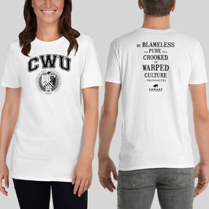 White/Black CWU Culture Warp Christian T-Shirt. The shirt style is Classic Unisex T-Shirt , size S. The design is Blameless and Pure - CWU Collection.