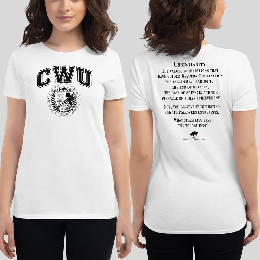 White/Black CWU Culture Warp Christian T-Shirt. The shirt style is Women's Fashion T-Shirt , size S. The design is Traditions & Values - CWU Collection.