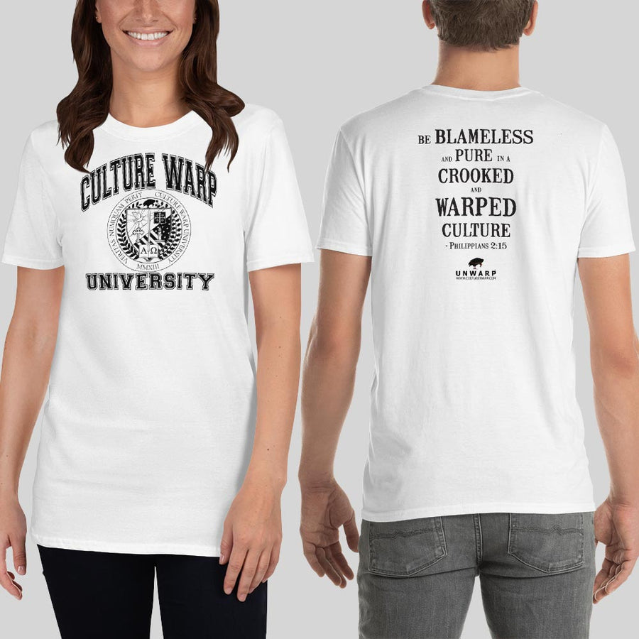 White/Black Culture Warp Christian T-Shirt. The shirt style is Classic Unisex T-Shirt , size S. The design is Blameless and Pure - CWU Collection.