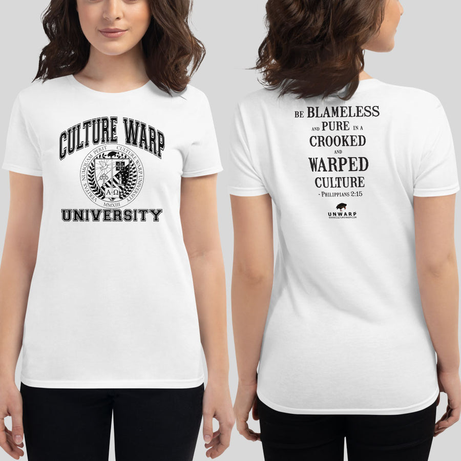 White/Black Culture Warp Christian T-Shirt. The shirt style is Women's Fashion T-Shirt , size S. The design is Blameless and Pure - CWU Collection.