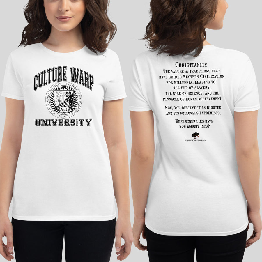 White/Black Culture Warp Christian T-Shirt. The shirt style is Women's Fashion T-Shirt , size S. The design is Traditions & Values - CWU Collection.