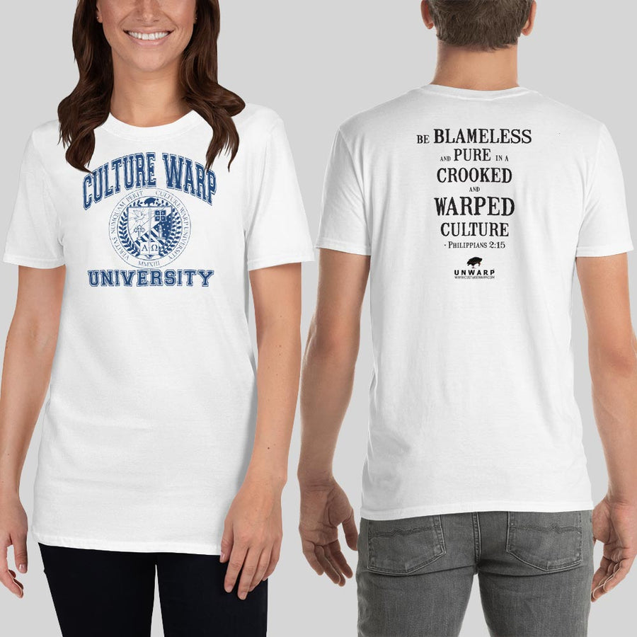 White/Navy Culture Warp Christian T-Shirt. The shirt style is Classic Unisex T-Shirt , size S. The design is Blameless and Pure - CWU Collection.