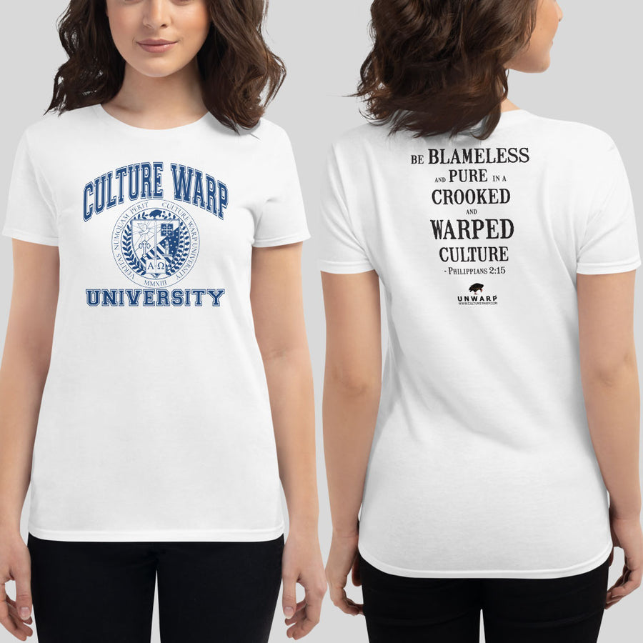 White/Navy Culture Warp Christian T-Shirt. The shirt style is Women's Fashion T-Shirt , size S. The design is Blameless and Pure - CWU Collection.