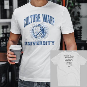 White/Navy Culture Warp Christian T-Shirt. The shirt style is Men's Fashion T-Shirt , size S. The design is Come to Me - CWU Collection.