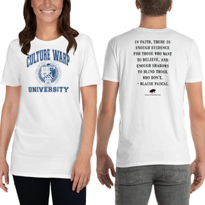 White/Navy Culture Warp Christian T-Shirt. The shirt style is Classic Unisex T-Shirt , size S. The design is Enough Evidence for Those Who Want to Believe - CWU Collection.