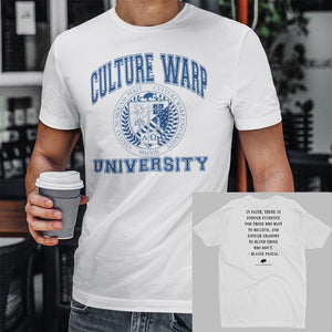 White/Navy Culture Warp Christian T-Shirt. The shirt style is Men's Fashion T-Shirt , size S. The design is Enough Evidence for Those Who Want to Believe - CWU Collection.