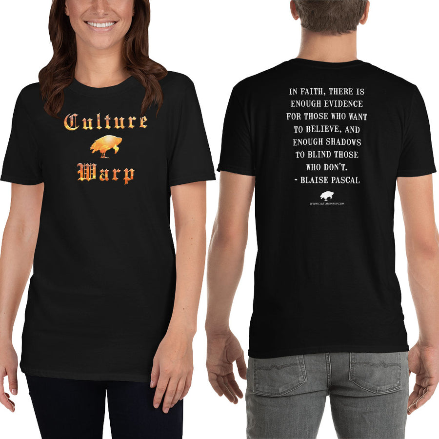 Black Culture Warp Christian T-Shirt. The shirt style is Classic Unisex T-Shirt , size S. The design is Enough Evidence for Those Who Want to Believe - Inferno Collection.