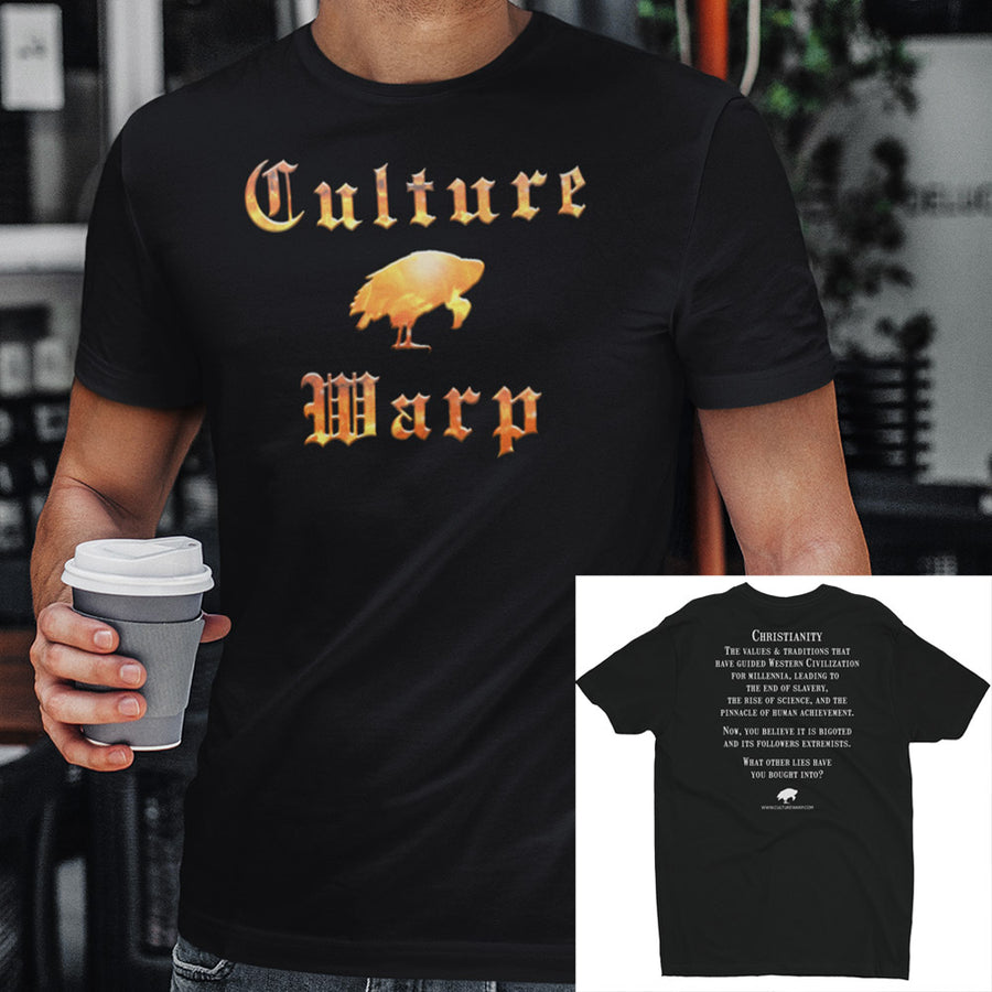Black Culture Warp Christian T-Shirt. The shirt style is Men's Fashion T-Shirt , size S. The design is Traditions & Values - Inferno Collection.