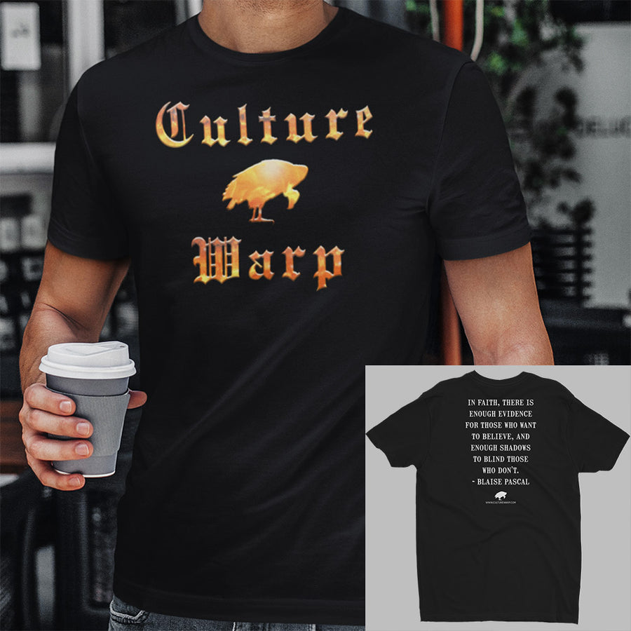 Black Culture Warp Christian T-Shirt. The shirt style is Men's Fashion T-Shirt , size S. The design is Enough Evidence for Those Who Want to Believe - Inferno Collection.