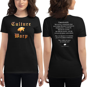 Black Culture Warp Christian T-Shirt. The shirt style is Women's Fashion T-Shirt , size S. The design is Traditions & Values - Inferno Collection.