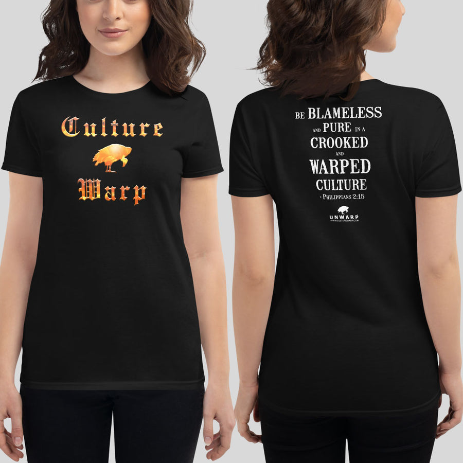 Black Culture Warp Christian T-Shirt. The shirt style is Women's Fashion T-Shirt , size S. The design is Blameless and Pure - Inferno Collection.