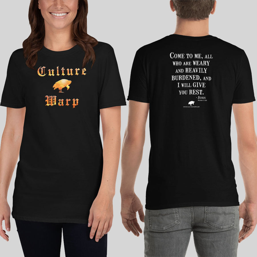 Black Culture Warp Christian T-Shirt. The shirt style is Classic Unisex T-Shirt , size S. The design is Come to Me - Inferno Collection.