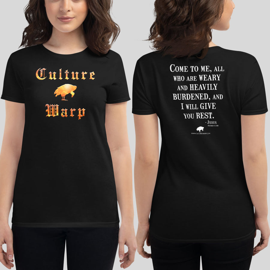 Black Culture Warp Christian T-Shirt. The shirt style is Women's Fashion T-Shirt , size S. The design is Come to Me - Inferno Collection.