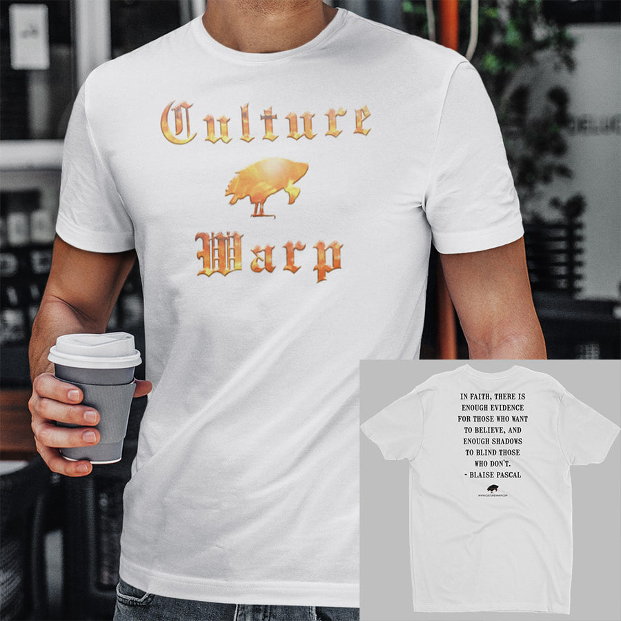 White Culture Warp Christian T-Shirt. The shirt style is Men's Fashion T-Shirt , size S. The design is Enough Evidence for Those Who Want to Believe - Inferno Collection.