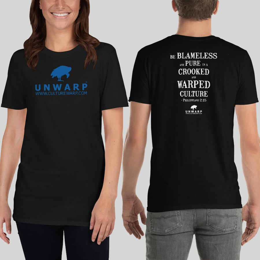 Black/Blue Culture Warp Christian T-Shirt. The shirt style is Classic Unisex T-Shirt , size S. The design is Blameless and Pure - UNWARP Collection Collection.
